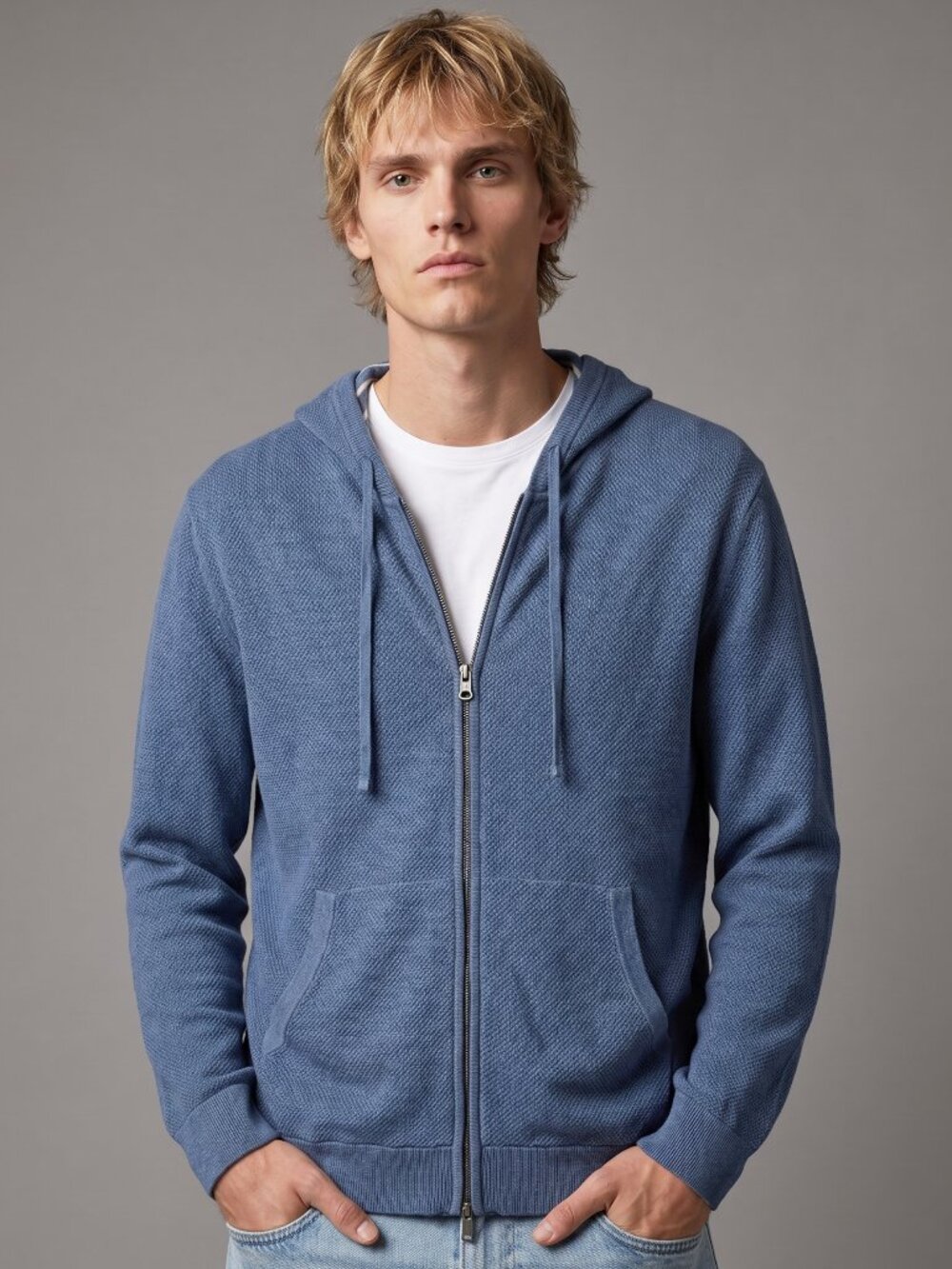 Vince XXL Men's Blue Knit Cotton Zip Hoodie Minimalist